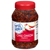 Spice World Chili Onion Crunch bottle pour adds bold heat to stir-fries.