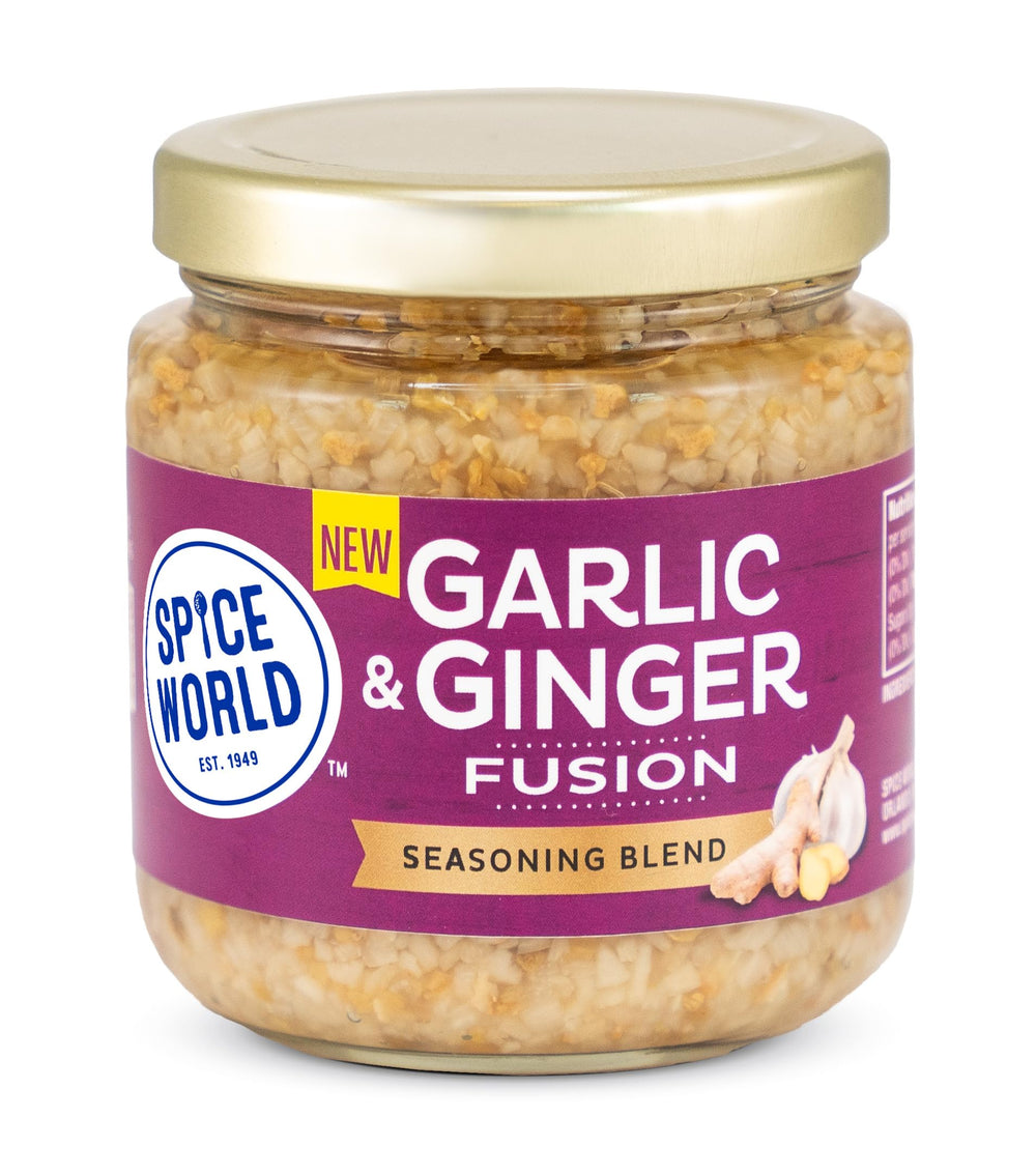Spice World Garlic Ginger Fusion jar ready for quick stir-fries.