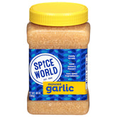 Spice World minced garlic jar on kitchen counter with ready-to-use flavor for quick meals.