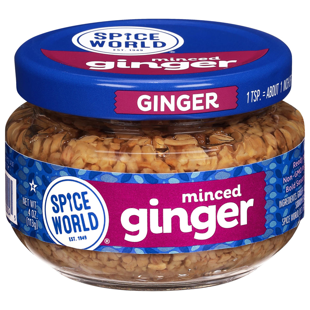 Spice World minced ginger jar on a kitchen counter for quick flavor boost