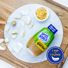 Close-up of Spice World organic minced garlic for fresh, convenient seasoning.