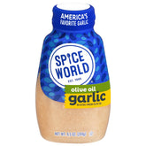 Spice World squeezable minced garlic bottle front for quick, flavorful meals.