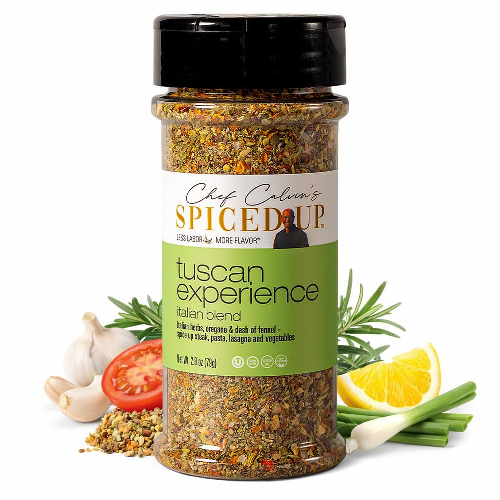 Spiced Up by Chef Calvin Tuscan seasoning bottle pour adds bold garlic flavor for versatile cooking.