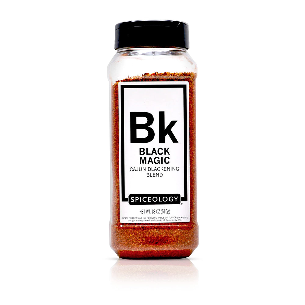 Spiceology Black Magic Cajun Blackening Seasoning jar for bold blackened crusts.