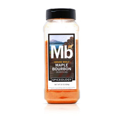 Spiceology Maple Bourbon seasoning bottle shown, perfect for boosting pork and beef flavor.
