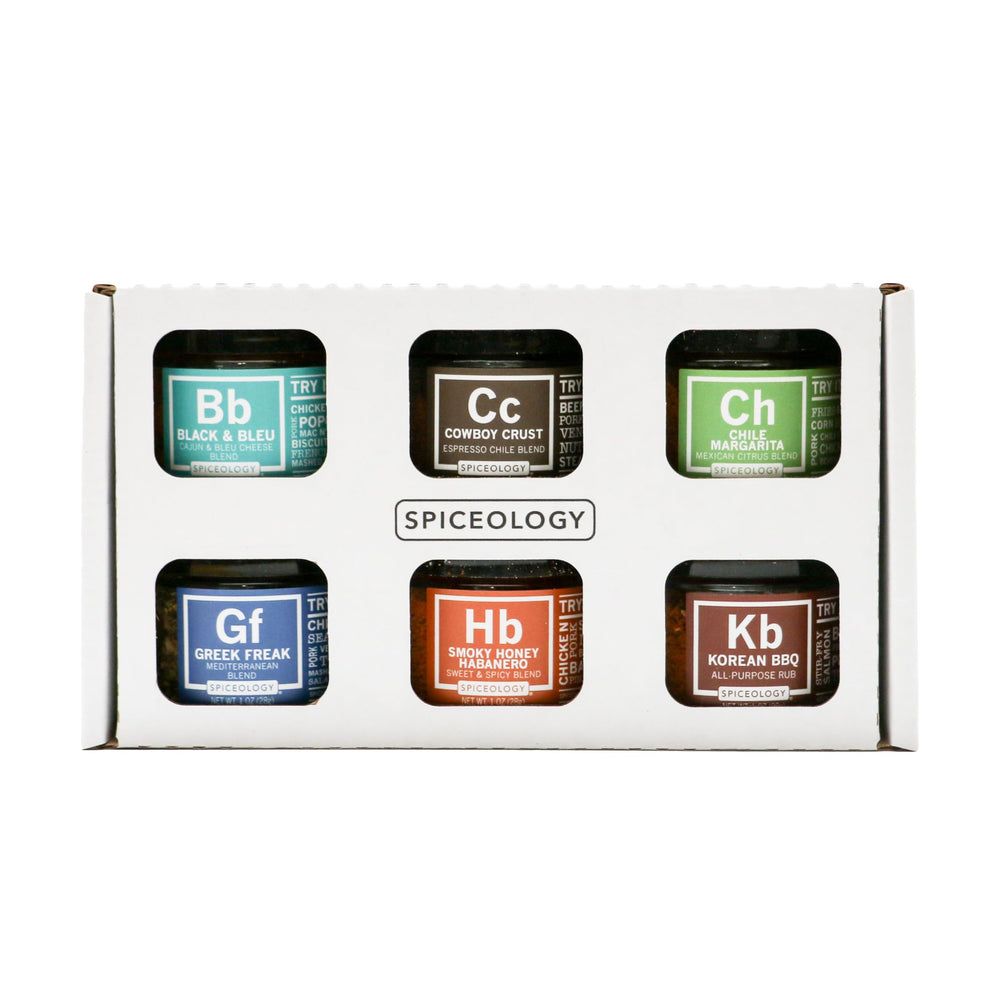 Spiceology Signature Series BBQ set image showing six rubs for grilling success