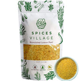 Spices Village dried lemon peel granules package shot for premium citrus seasoning.