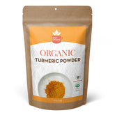 Spicy Organic turmeric powder in a jar, ready for curries and golden milk.