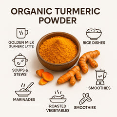 A scoop of Spicy Organic turmeric powder over a bowl, ideal for smoothies.