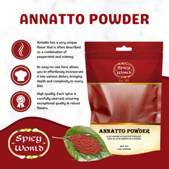 Spicy World Annatto Powder ground seeds close-up reveal a fine, vibrant powder.