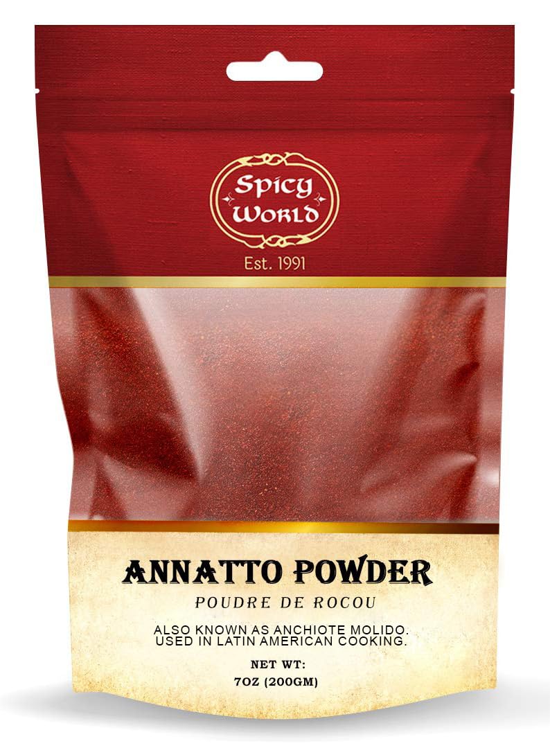 Spicy World Annatto Powder packaging shown in a resealable bag for easy storage.