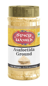 Spicy World asafoetida Hing ground powder jar, ready to flavor Indian curries.