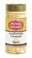 Spicy World asafoetida Hing ground powder jar, ready to flavor Indian curries.