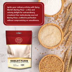 Spicy World Barley Flour dry ingredients on counter, highlighting fiber-rich baking option