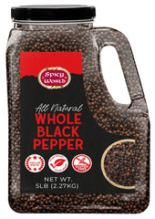 Spicy World black peppercorns whole jar on a kitchen counter for fresh aroma.