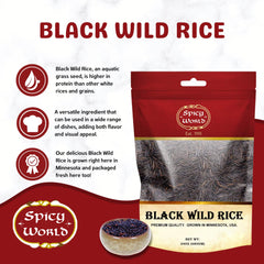 Spicy World black wild rice seed and hull closeup shows distinctive texture and nutty flavor.