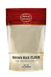 Spicy World brown rice flour bag in a resealable 5 lb pouch, ideal for versatile baking and cooking.