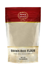 Spicy World brown rice flour bag in a resealable 5 lb pouch, ideal for versatile baking and cooking.