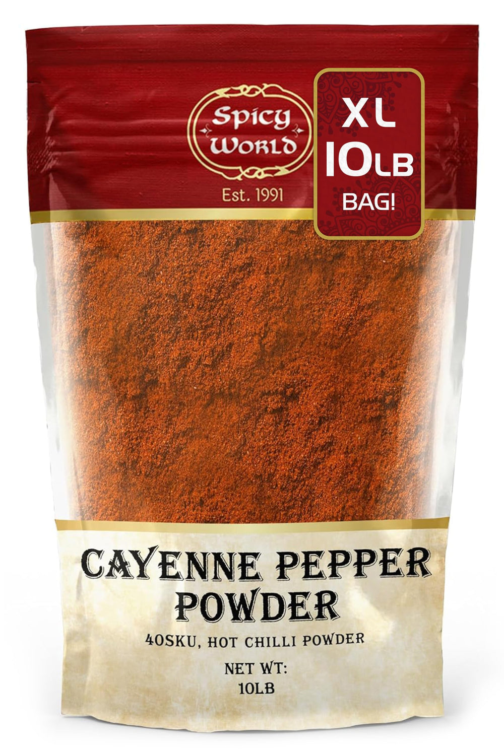 Spicy World cayenne powder bottle close-up for bold heat in marinades.
