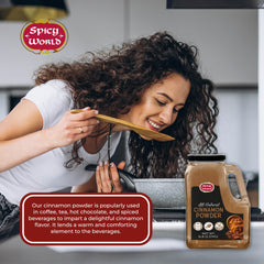 Spicy World Cinnamon Powder with a coffee cup highlighting a flavor boost.