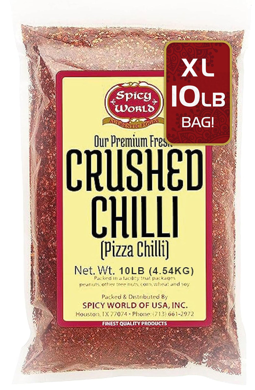 Spicy World crushed red pepper flakes bulk pack front view adds bold flavor to pizzas.