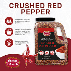 Spicy World crushed red pepper flakes close-up to emphasize seeds and vibrant chili color