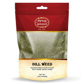 Spicy World dill weed 14oz bag on counter, ready to season salads.