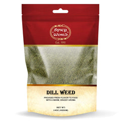 Spicy World dill weed 14oz bag on counter, ready to season salads.