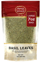 Spicy World dried basil leaves 7oz pack shown in a resealable pouch for freshness.