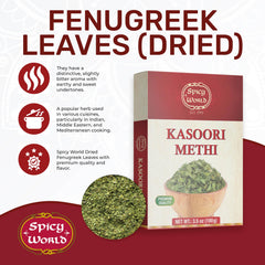 Spicy World dried fenugreek leaves packaging side view with premium quality