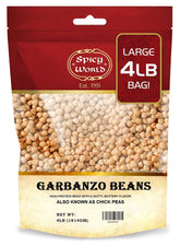 Spicy World garbanzo beans in a 4 lb bag, convenient bulk option for kitchen prep