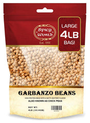 Spicy World garbanzo beans in a 4 lb bag, convenient bulk option for kitchen prep