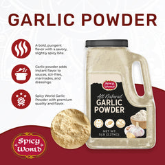 Spicy World garlic powder close-up showing fine texture and aroma.
