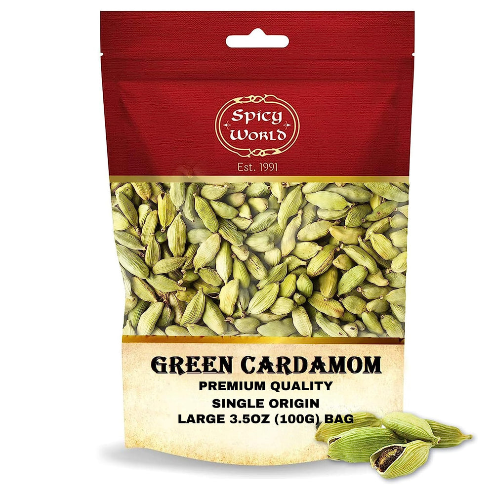 Spicy World green cardamom pods in a bag showcasing premium quality and aroma