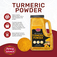 Spicy World ground turmeric closeup showcases rich golden hue.