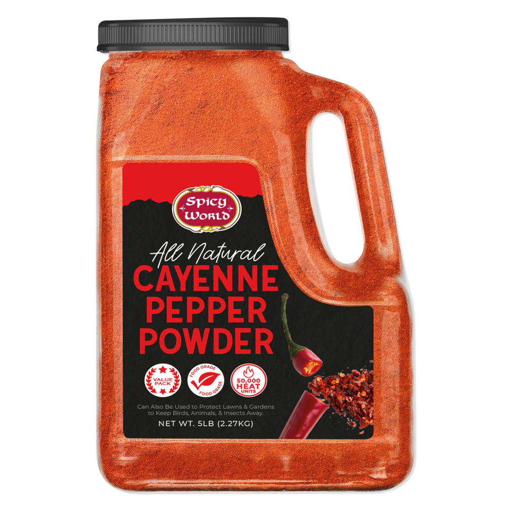 Spicy World hot cayenne pepper powder in a 5 lb jar for bold flavor in sauces and marinades.