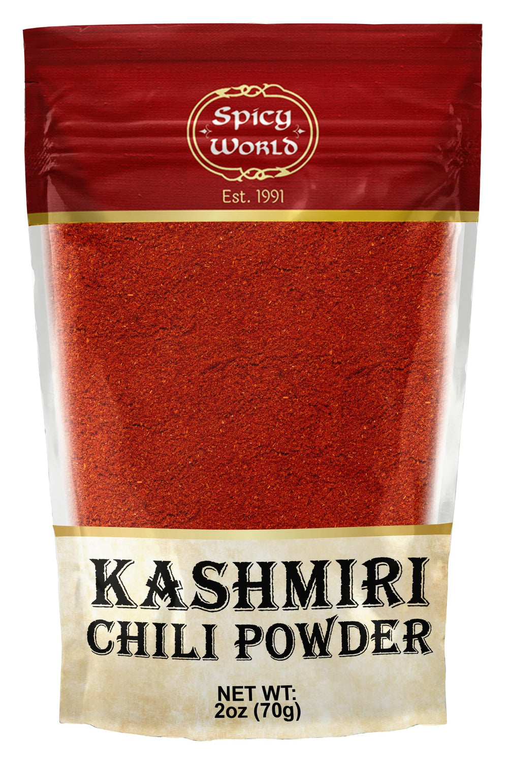 Spicy World Kashmiri chili powder 2oz bag with rich color and mild heat.