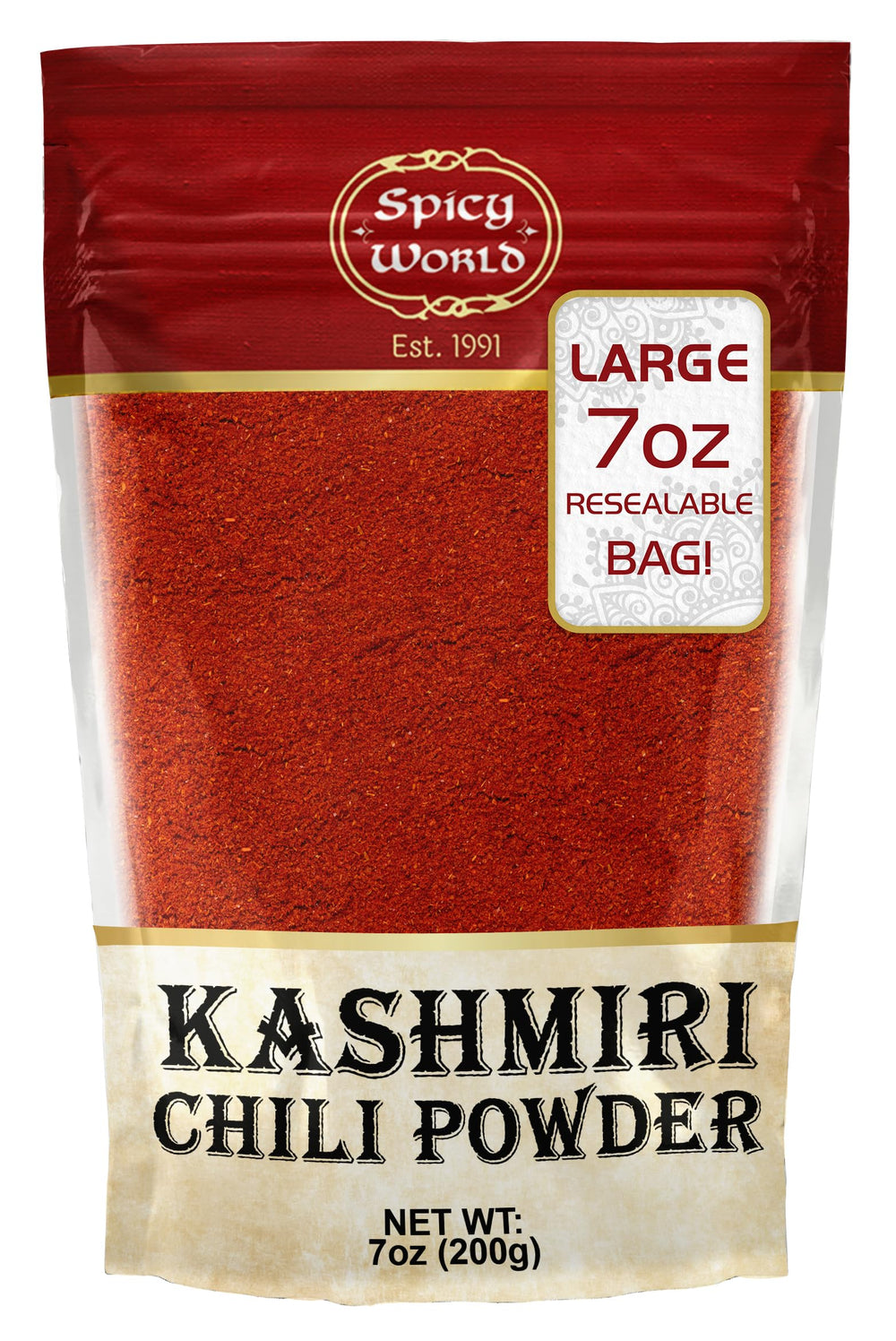 Spicy World Kashmiri chili powder in resealable bag adds vibrant color to dishes
