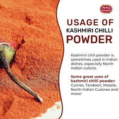 Spicy World Kashmiri chili powder packaging front highlights all-natural ingredients and India origin.