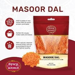Spicy World Masoor Dal bag back with nutritional info for informed choices.