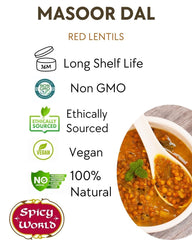 Spicy World Masoor Dal dry lentils close-up highlighting smooth texture.