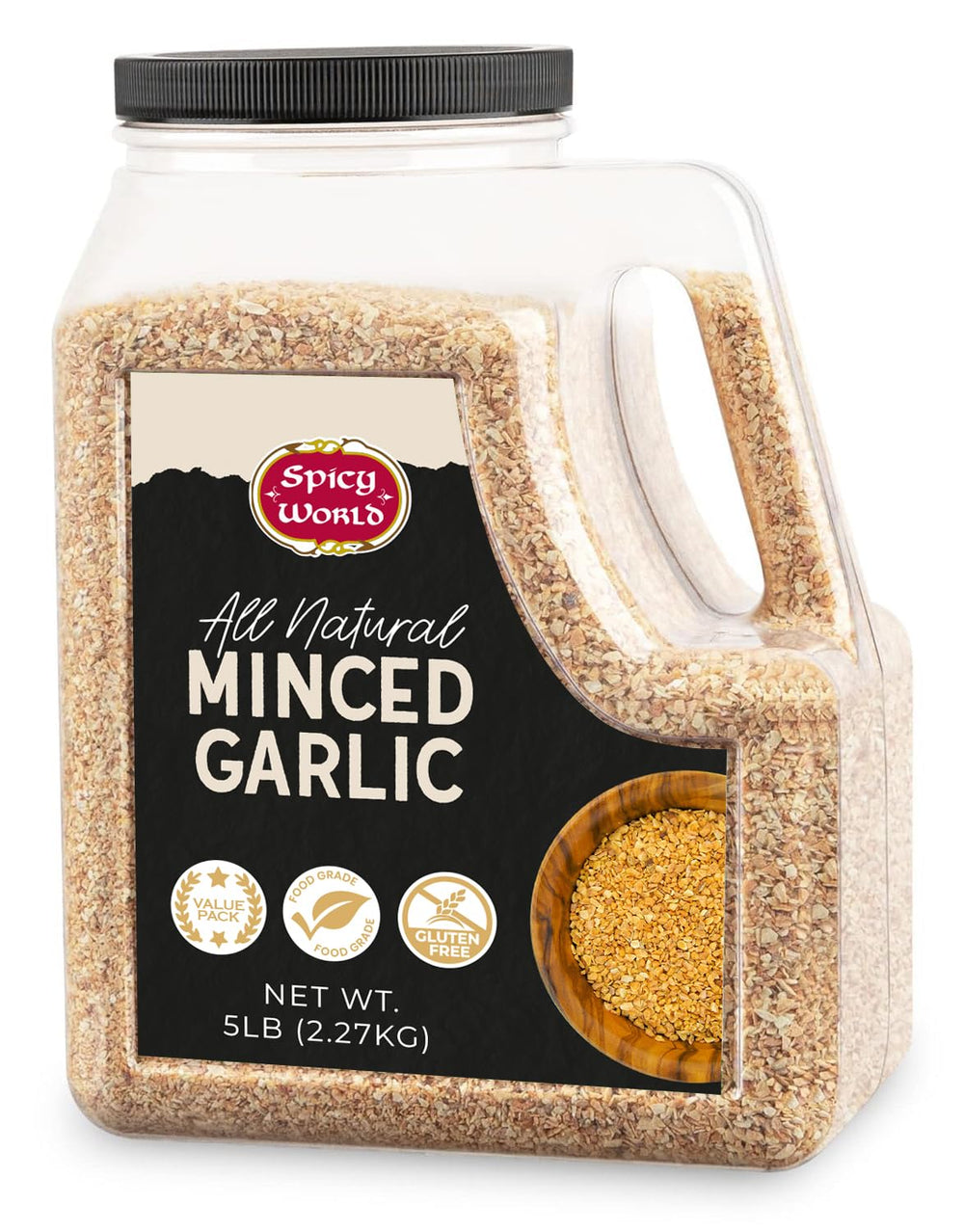 Spicy World minced garlic 5lb jar on shelf for bulk cooking and flavor.
