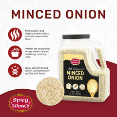 Spicy World minced onion poured into pot for quick savory depth.