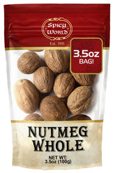 Spicy World Nutmeg Whole jar front shows premium Indonesian spice for rich baking aroma.