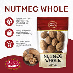 Spicy World Nutmeg Whole jar top view highlights clean packaging for home cooks.