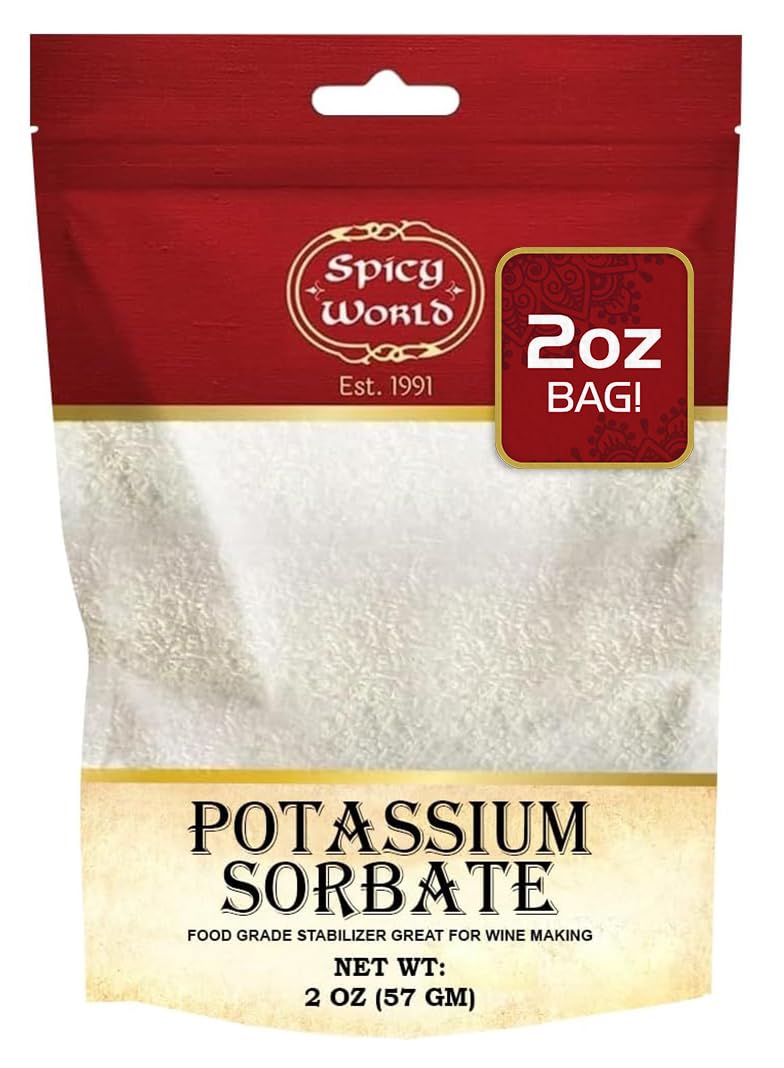 Spicy World potassium sorbate bottle front, a food-grade stabilizer for wines.