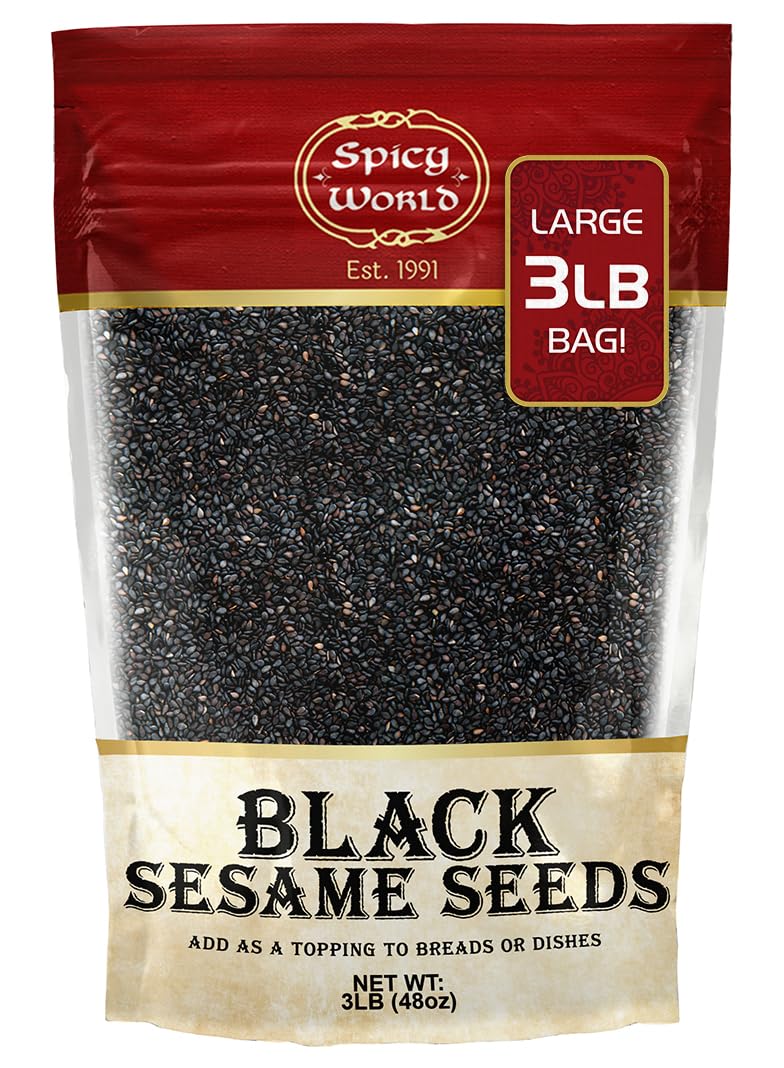 Spicy World raw black sesame seeds 3 lb bag for versatile cooking.