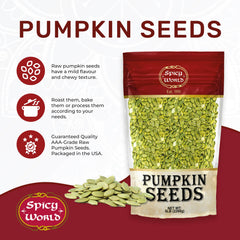 Spicy World raw pumpkin seeds open bag with spilled seeds for quick snacking
