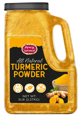 Spicy World turmeric powder 5lb jar adds vibrant color and warm aroma to dishes.