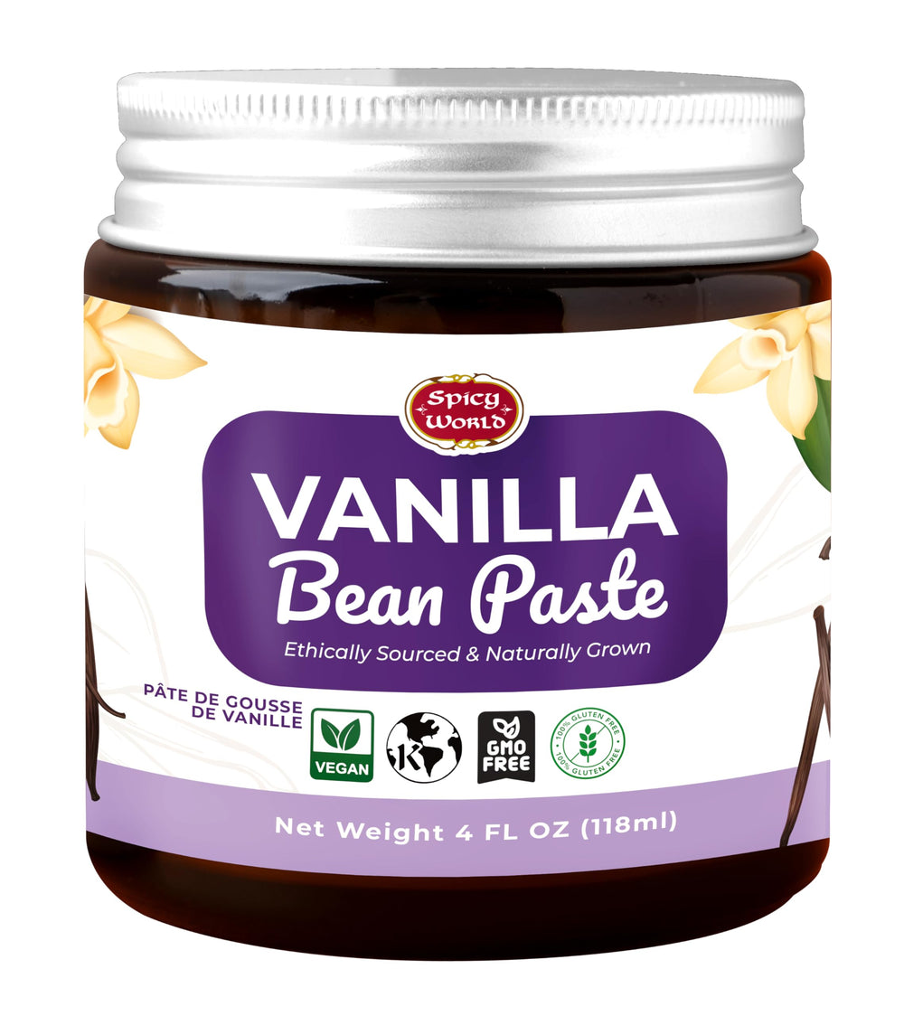 Spicy World Vanilla Bean Paste jar front shows rich color and real bean specks for baking.